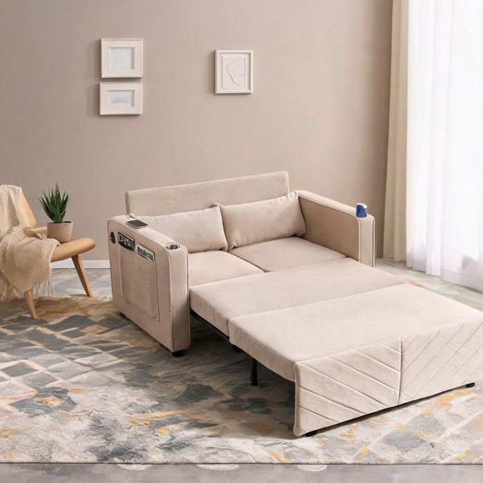 Canapé convertible 2 places en tissu beige bois et port USB design épuré élégant 3-en-1