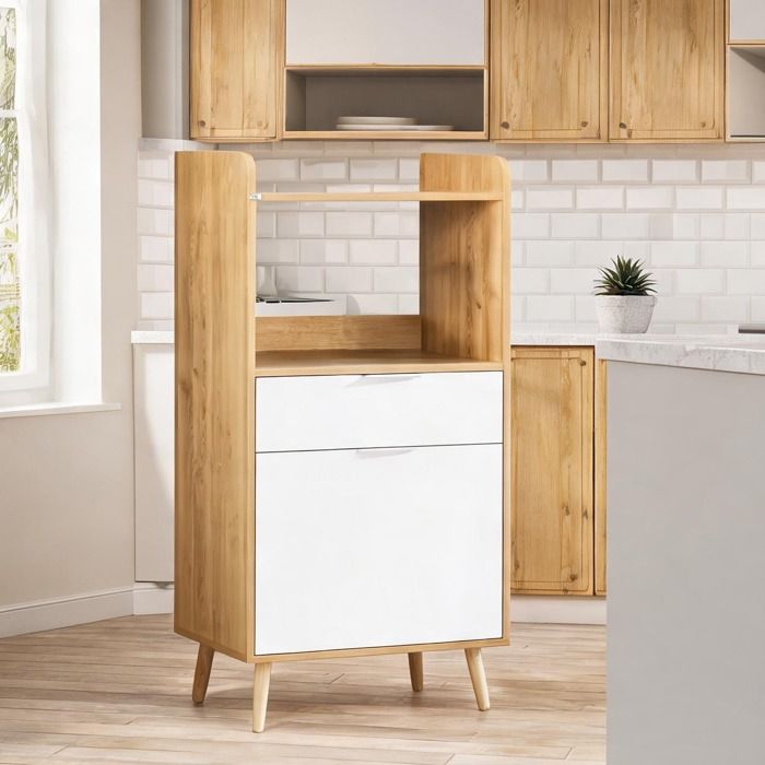 Desserte de cuisine scandinave en panneau de particules naturel et blanc avec grand compartiment ouvert et étagère réglable 58 x
