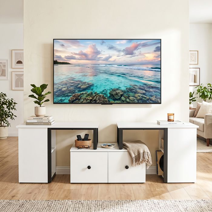 Meuble TV -COSTWAY-140x30x50CM 2 Grands Tiroirs et 4 Compartiments Ouverts Latéraux Bois Modern pour Salon& Chambre Charge 100KG