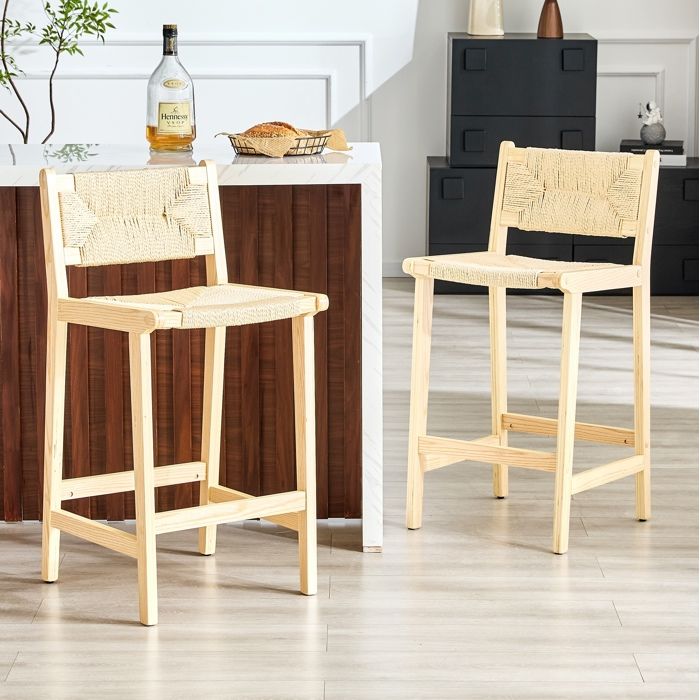 Tabouret de bar lot de 2 avec dossier tressé - HAVRYA - structure en bois massif style campagne chic beige