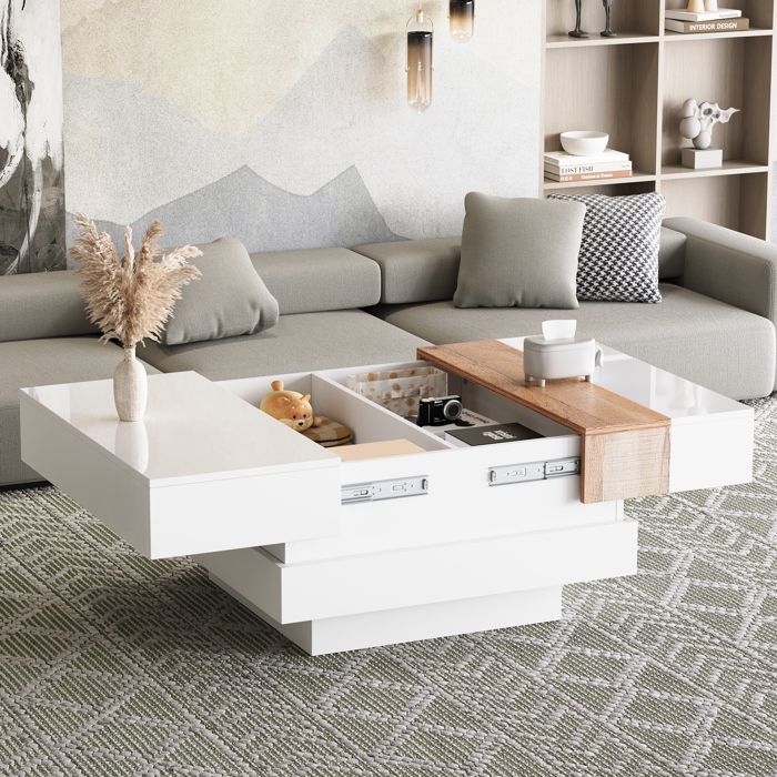 Table basse carrée extensible - ZEVKOR - 70×70×39 cm - Plateau extensible - Rangement dissimulé - Finition brillante