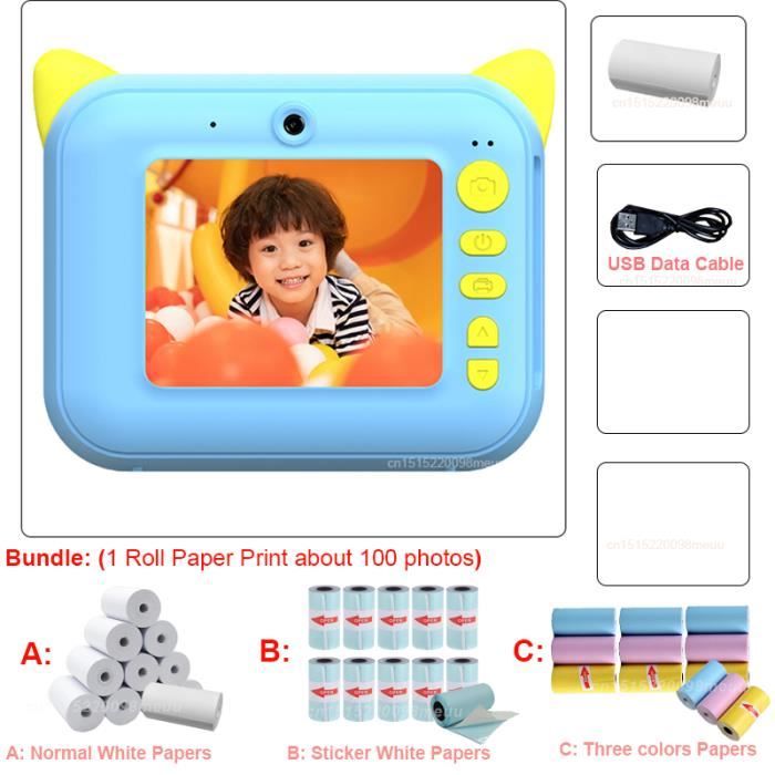 bleu avec 1 Rouleau blanc-Appareil photo à impression instantanée pour  enfants, appareil photo numérique HD 1