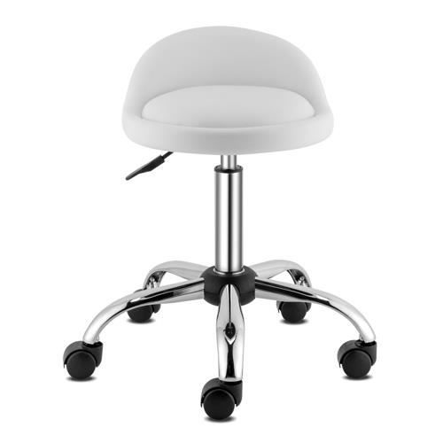 Tabouret à roulettes Siège pivotant blanc Réglable en hauteur Pivotable 360° Coussin 8cm