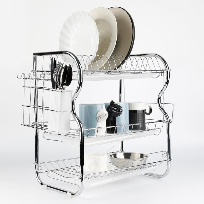 Égouttoir à Vaisselle pour Vaisselle étagère à Vaisselle avec Support égouttoir à 3 Niveaux Cadre égouttoir en Acier Inoxydable à 3 Niveaux avec Porte-Couverts et égouttoir