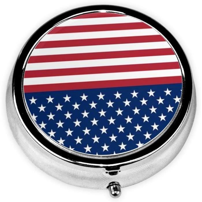Pilulier Rond Avec Motif Drapeau Américain, Étoiles, Rayures, Poche 5,1