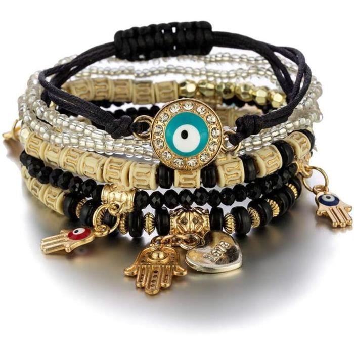 Lot De 6 Bracelets Bohèmes Contre Le Mauvais Œil, Bracelet De Perles Multicouches, Bracelet