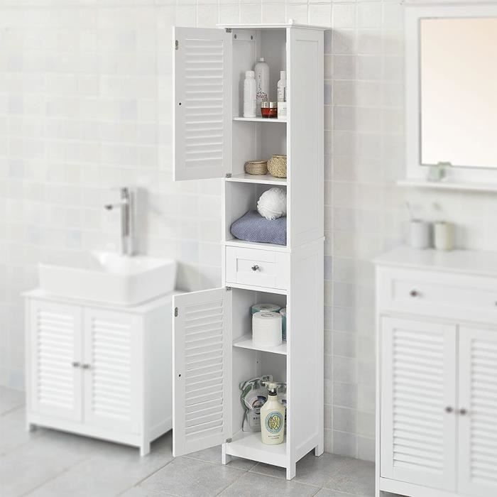 colonne salle de bain rangement armoire haute  32 x 30 x 170 cm avec 1 tiroir et 2 en bois – meuble salle de bain - blanc