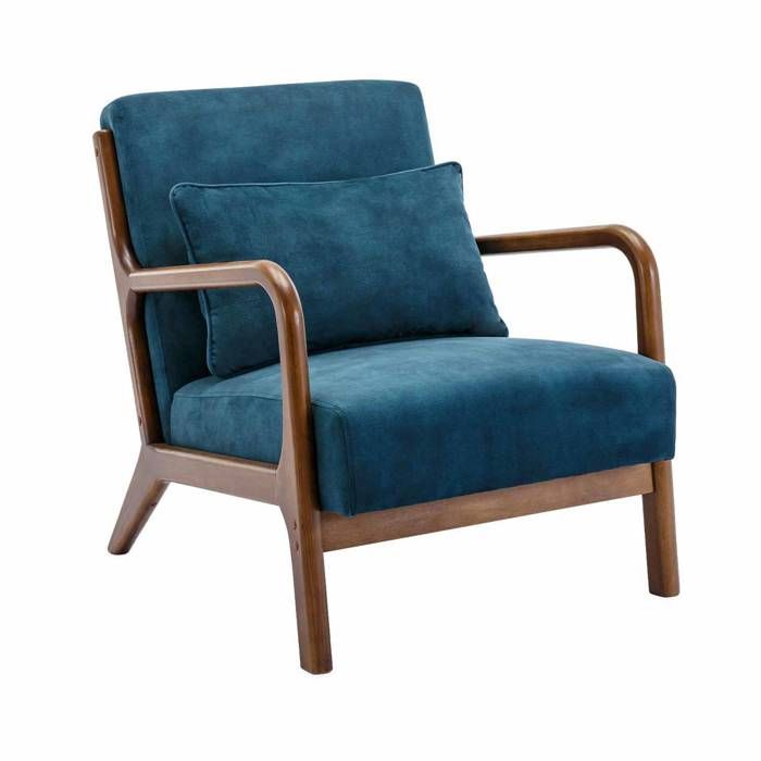Fauteuil en velours bleu pétrole. pieds bois dhévéa teinté noyer clair. 1 place droit fixe. pieds compas scandinave