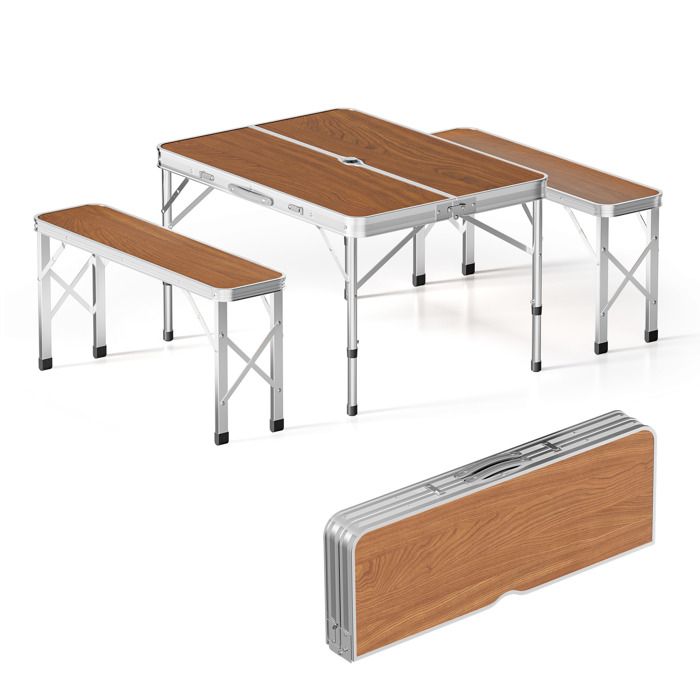 Wiltec Table pliante valise 900 x 660 x 700 mm et deux bancs en alumium et MDF pliable de camping légère pour extérieur BBQ fêt