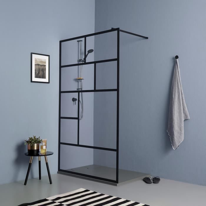 Cabine de douche à l'italienne 110cm verre clair cadre noir - Noir - Verre