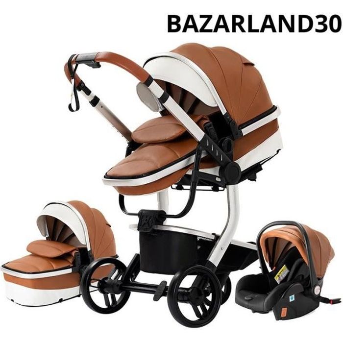 BAZARLAND30 Poussette 3 en 1 Bébé Combinée Siège-Auto Nacelle Trio Réversible cuir pu Roues increvables Canne.marron