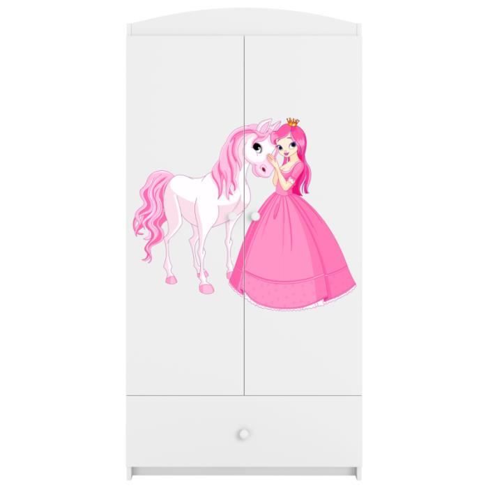 armoire enfant princesse et cheval 2 portes 1 tiroir de rangement - blanc