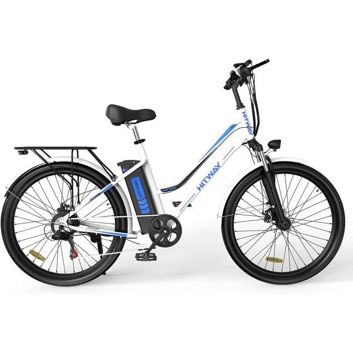 HITWAY Vélo électrique - E-Bike Pneu 26” - Moteur 250W - Shimano 7 Vitesses - Batterie au Lithium Amovible 11,2 Ah/36 V - Blanc