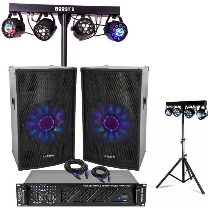 PACK DJ SONO 600W Avec AMPLI + 2 ENCEINTES 300W + 4 JEUX De LUMIÈRES PA