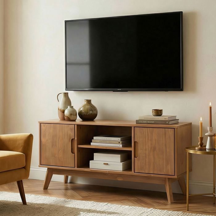 Meuble TV TIVOLI banc télé de 114 cm design vintage scandinave nordique 2 portes et 2 niches en pin massif lasuré brun foncé Meuble TV TIVOLI banc télé de 114 cm design vintage scandinave nordique 2 portes et 2 niches en pin massif lasuré brun foncé