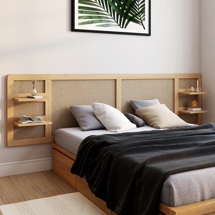 IDMARKET Tête de lit suspendue EDHEN 240 cm cannage et bois avec étagères