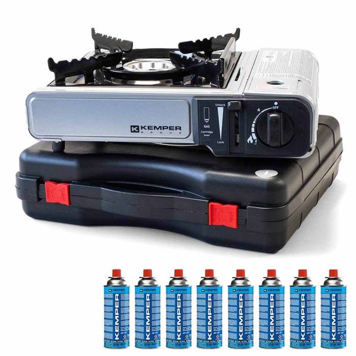 Réchaud à gaz 2200W + 8 cartouches de gaz Détendeur de pression Double système de sécurité. Puissance réglable KEMPER