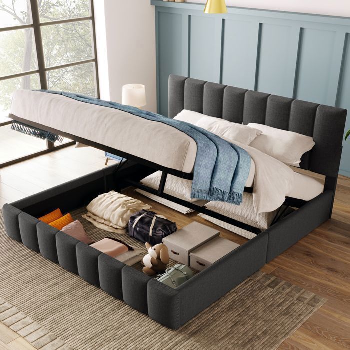Merax Lit Coffre Adulte en Lin Gris 140x200cm - Sommier inclus - Lit Double Rembourré Fonctionnel Merax Lit Coffre Adulte en Lin Gris 140x200cm - Sommier inclus - Lit Double Rembourré Fonctionnel