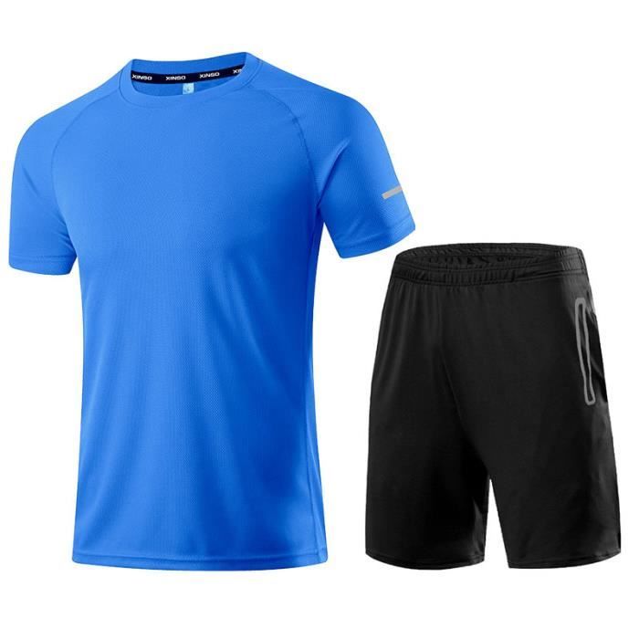 Ensemble De Vêtements De Sport - LEOCLOTHO - T-shirt col rond et short respirant - Fitness - Homme - Bleu