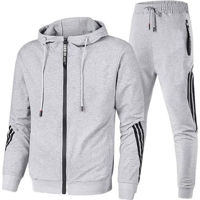 Ensemble de Sport Jogging Veste Capuche et Pantalon Taille Elastique Homme Gris Fitness Indoor Respirant