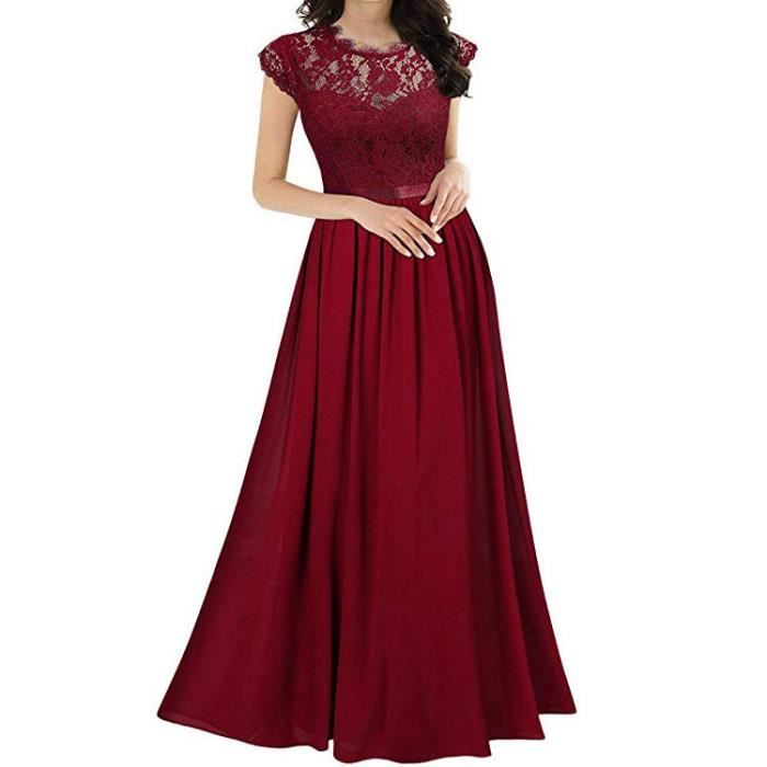 Robe de Cocktail Femme Mousseline de Soie Robe de Soir?�e Longue Dentelle Col Rond Couleur Unie 