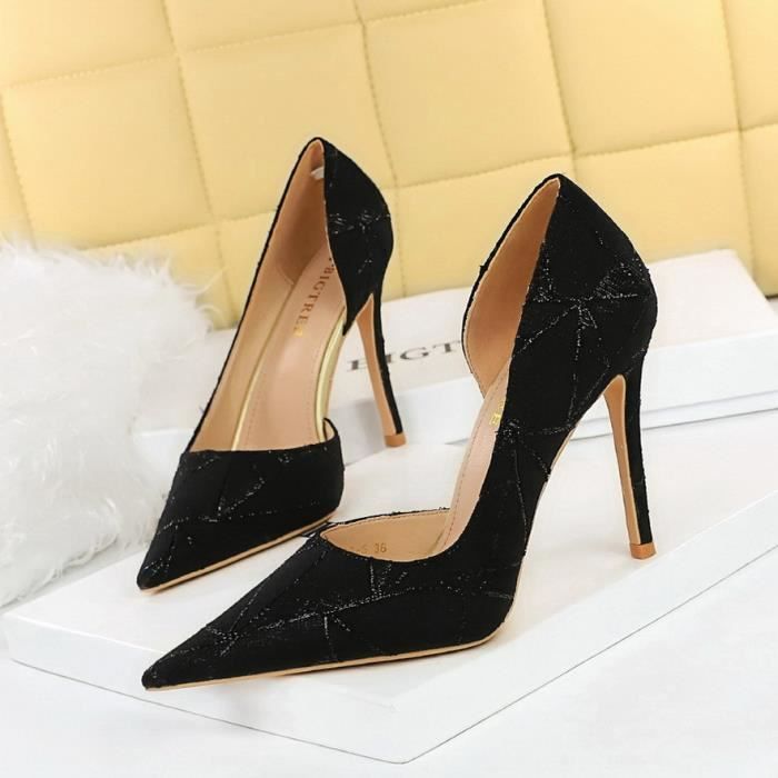 Escarpin Femme Noir Talon ultra haut en tissu Bout pointu Semelle en caoutchouc