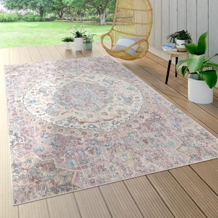 tapis interieur exterieur poils ras pour balcon terrasse motif oriental rose 80x150 cm achat vente tapis cdiscount