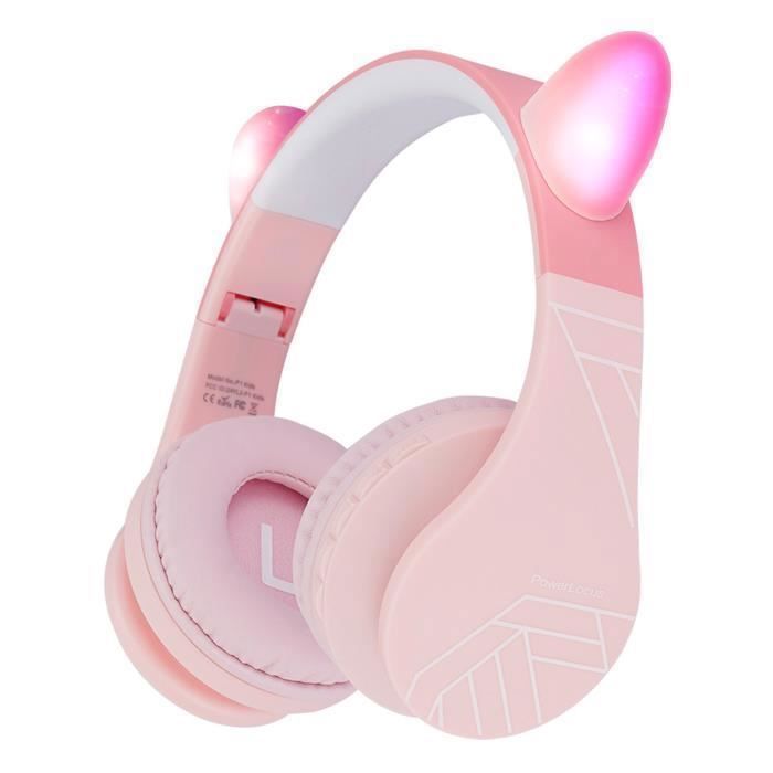 PowerLocus P1Kids Casque Bluetooth sans fil pliable pour enfants - Rose