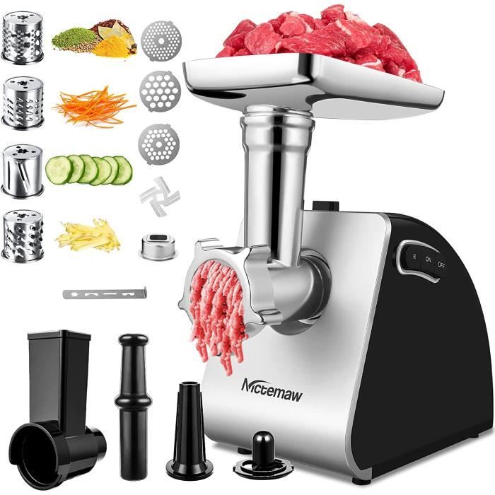 Hachoir à Viande Électrique 2000W, Robot Culinaire 5-en-1 Avec 4 Lames, Accessoire à Biscuits, 3 Grilles, Accessoire Kebbeh & Embouts à Saucisses Pour Usage Domestique