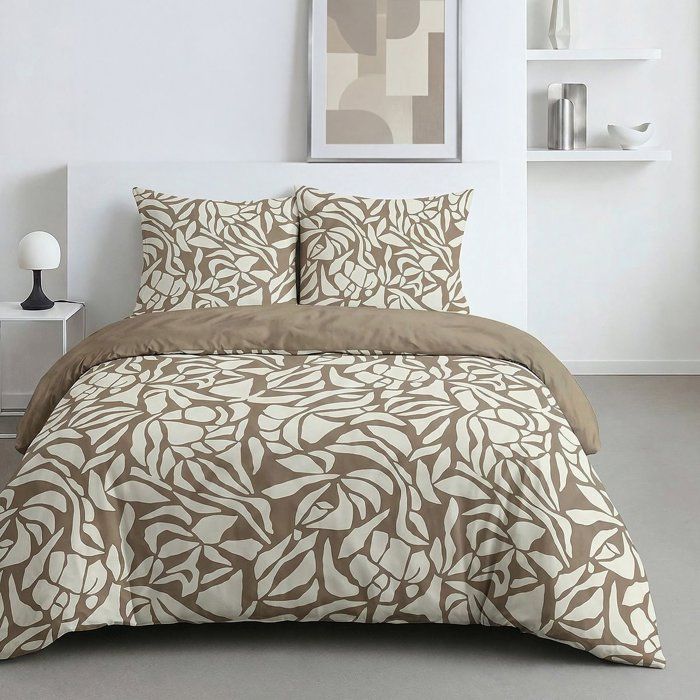 Parure de Lit - 260 x 240 cm - Coton Imprimé Feuillage Taupe - TODAY SUNSHINE