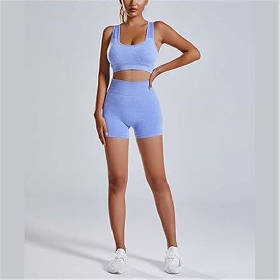 Tenue Gym 2 Pièces Taille Haute Ensemble Sport Femme 2 Pièces - Soutien- gorge Croisé Dos Nu Et Short Motard Taille Haute - Nylon/élasthanne