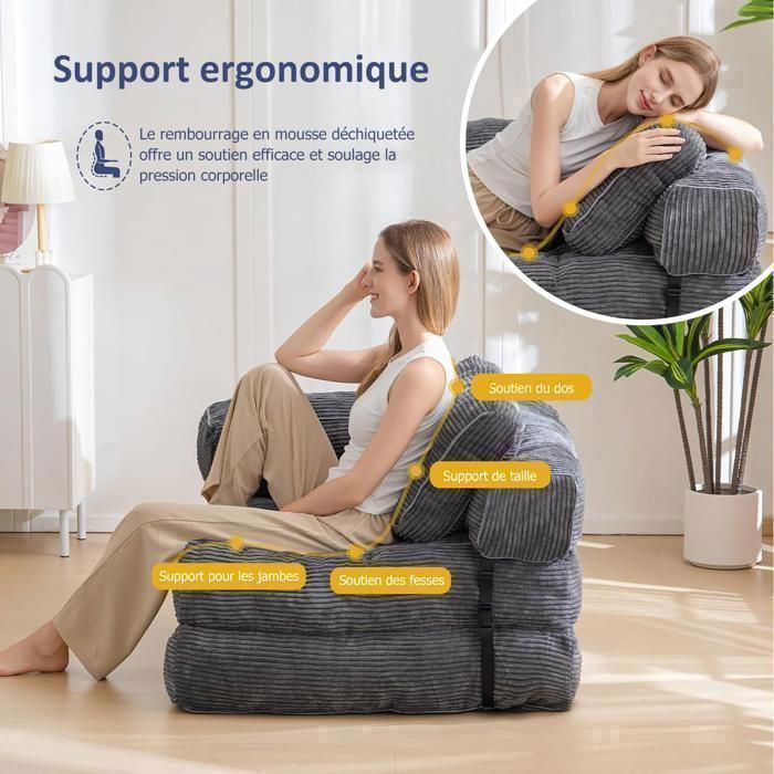 Canapé-lit Convertible Modulaire 3 En 1 - 200 Cm, Velours Noir, Sans Montage, Pour Salon Ou Chambre D'amis