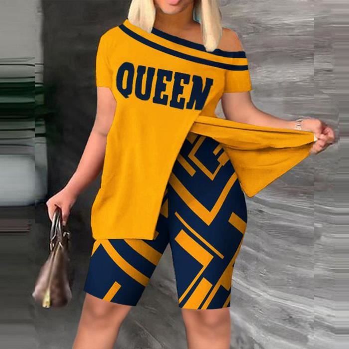 T shirt femme imprime manches courtes short fendu slim decontracte ensemble 2 pieces Kaki F28507 Blanc Cdiscount Pret a Porter