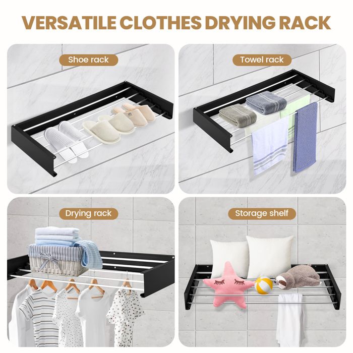 Étendoir à Linge Pliable 16 Bras - Séchoir Mural Rabattable, 48 Emplacements, Gain De Place, Design Compact