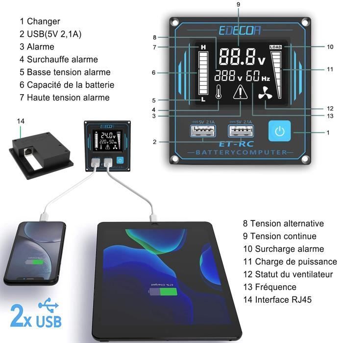 EDECOA convertisseur 12v 220v Pur Sinus 1500w 2X USB télécommande Pro  onduleur sélectionner Le Type de Batterie FLD AGM Gel LiFePo4 Mode ECO :  : High-Tech