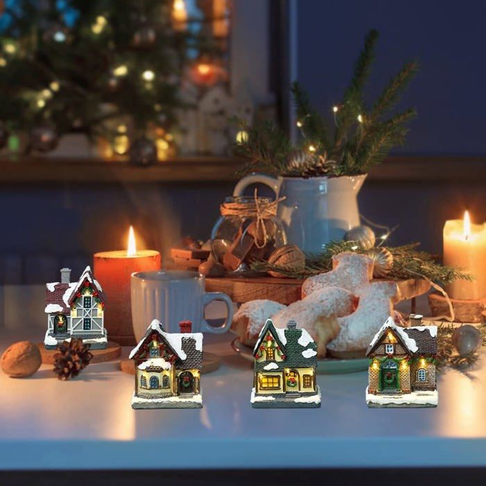 Lot De 3 Maisons De Noël En Céramique Blanche Avec éclairage LED - Décoration Village De Noël Chaleureuse - Pour Intérieur, Table, Cheminée - 14