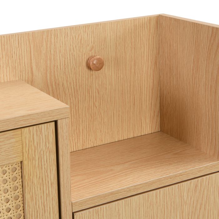 Armoire à Chaussures Rotin 90x125x17 Cm - 3 Portes + Tiroir, Pieds Bois, Blanc & Naturel