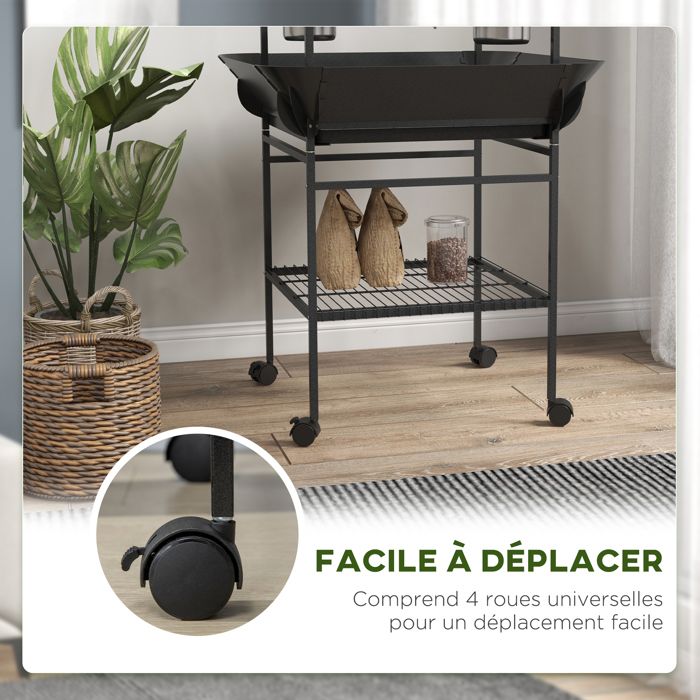 Perchoir Perroquet PawHut Avec Roulettes – 4 Perchoirs Bois, 2 Mangeoires Inox – Plateau 60 Cm – Gris