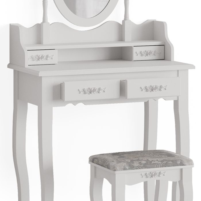 Coiffeuse ZELIA blanc et hêtre table de maquillage 4 étagères, miroir LED et tabouret ID MARKET