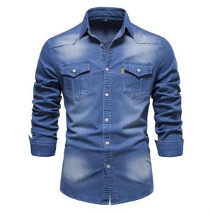 CHEMISE - CHEMISETTE FUNMOON FUNMOON Chemise En Denim Hommes Manche Longue PocheSlim Fit  Marque Luxe Couleur Unie