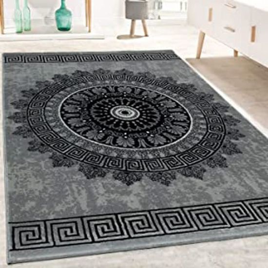Tapis De Créateur Salon Motif Mandala Poils Ras Style Baroque Gris Noir, Dimension:160X230 Cm