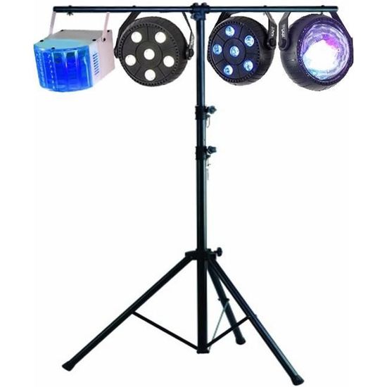 Pack de 4 jeux de lumière compacts et puissants + 1 portique acier robuste - idéal soirée dansante PA DJ SONO MIX LED