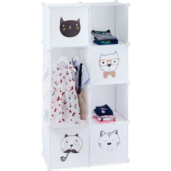 Etagère pour enfants RELAXDAYS - Motifs chats - 6 casiers - Tringle à vêtements - Blanc