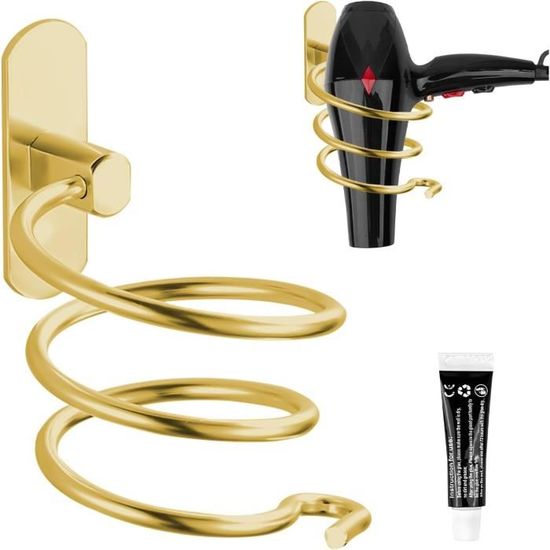 Support Mural Sèche-Cheveux En Spirale - Aluminium Noir - Fixation Colle Ou Vis - Pour Salle De Bain Ou Salon