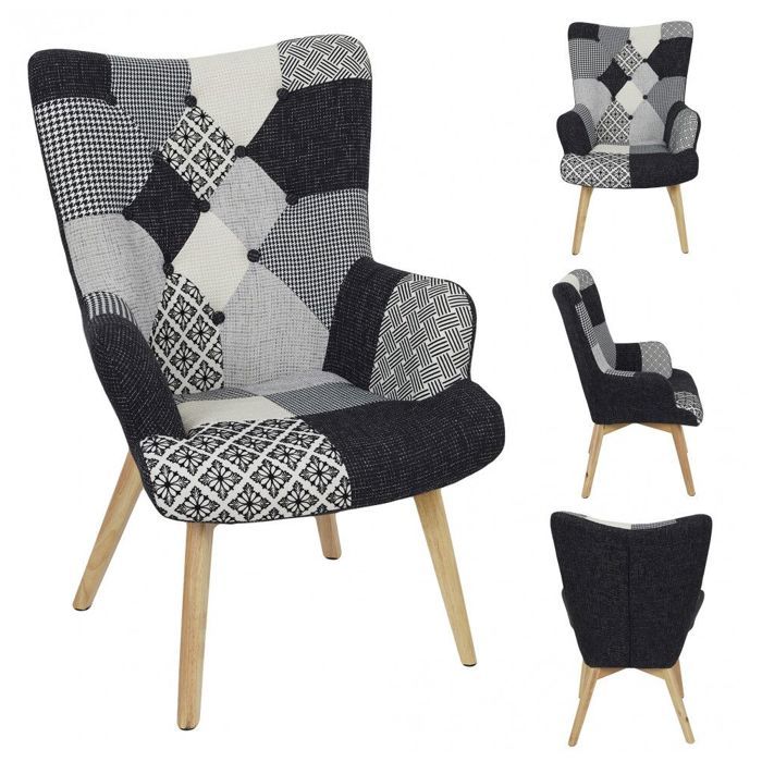 Poufs fauteuils et chaises - Fauteuil patchwork - Helsinki - L 66 x P 72 x H 99,5 - Noir et Blanc