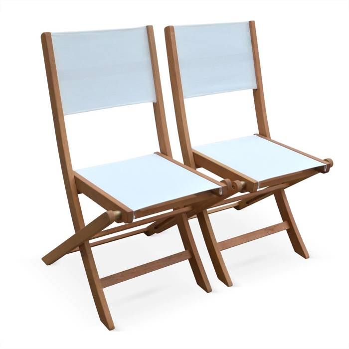 Chaises de jardin en bois et textilène - Almeria blanc - 2 chaises pliantes en bois d'Eucalyptus FSC huilé et textilène