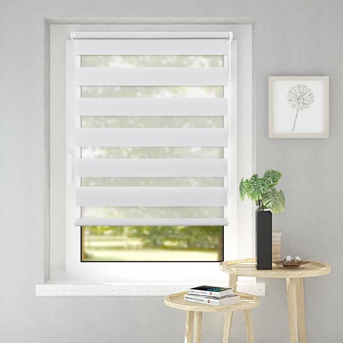 Store Enrouleur Tamisant 45x150cm Blanc double store jour nuit Klemm easy Fixs ans perçage ni vis