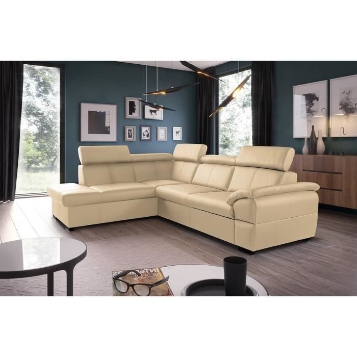 Canapé d'angle convertible en cuir italien de luxe 5/6 places TONY, avec coffre, beige, angle gauche