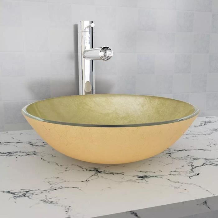 Lavabo Vasque à poser Salle de Bain Lave Main Haut de Gamme Verre trempé 42 cm Doré