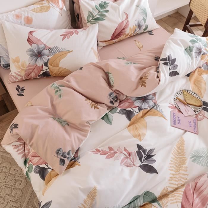 Parure de Lit Sets de Housse de Couette 220 x240 Coton + Drap + 2 Taies d'oreiller pour Lit 2 Personnes - Motif Jardin